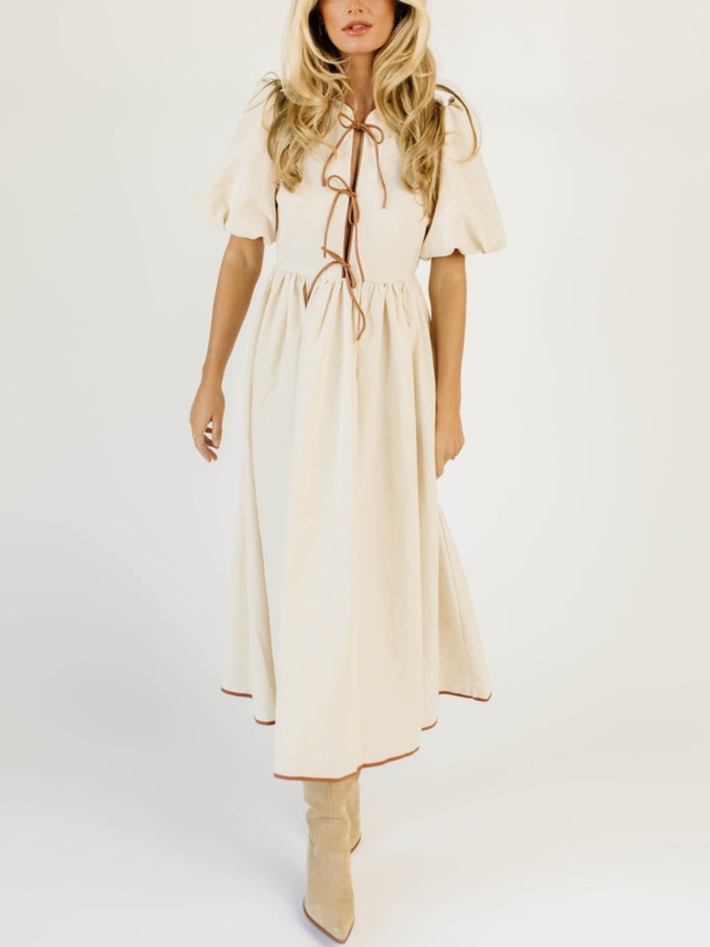 ZOCO Chappell Midi Dress Small NWT Linen Front Bow Tie Puff Sleeve Prairie Chic